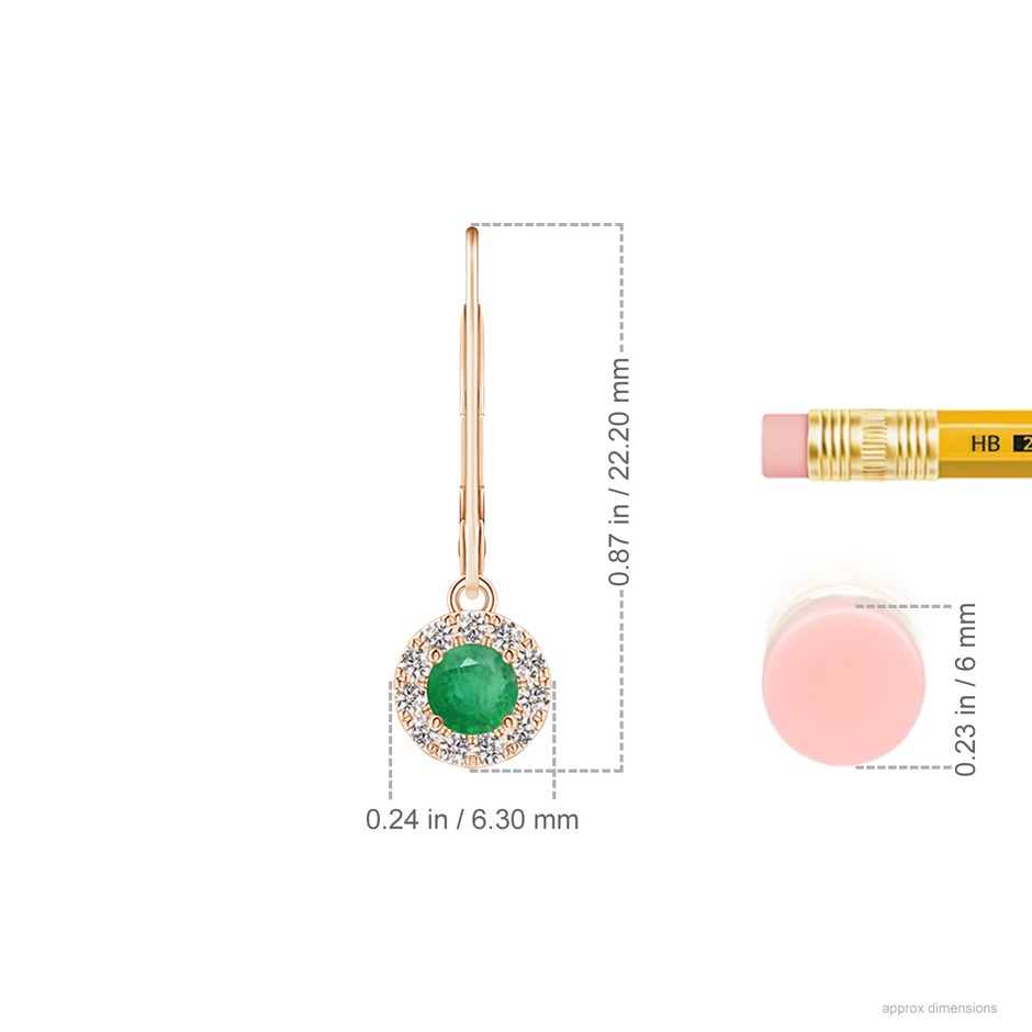 3.5mm A Round Emerald Leverback Halo Dangle Earrings in Rose Gold ruler