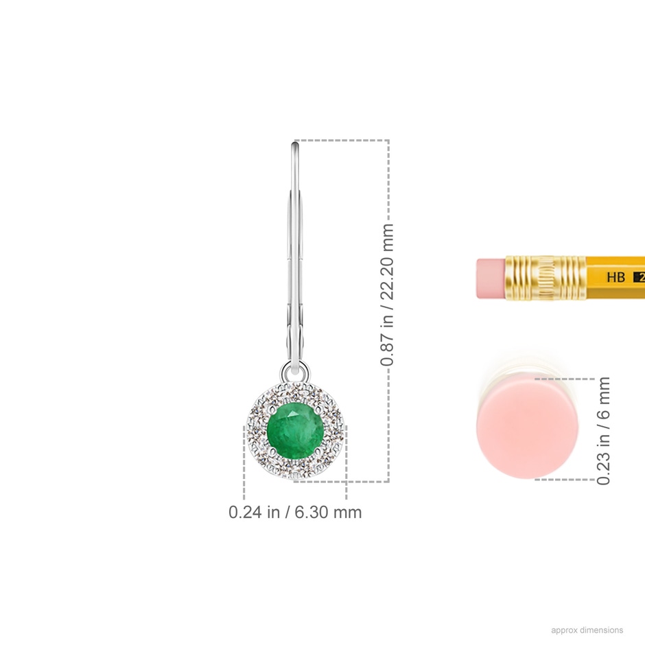 3.5mm A Round Emerald Leverback Halo Dangle Earrings in White Gold ruler