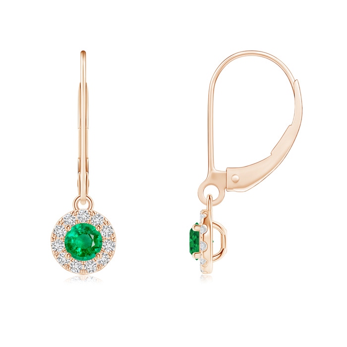3.5mm AAA Round Emerald Leverback Halo Dangle Earrings in Rose Gold 