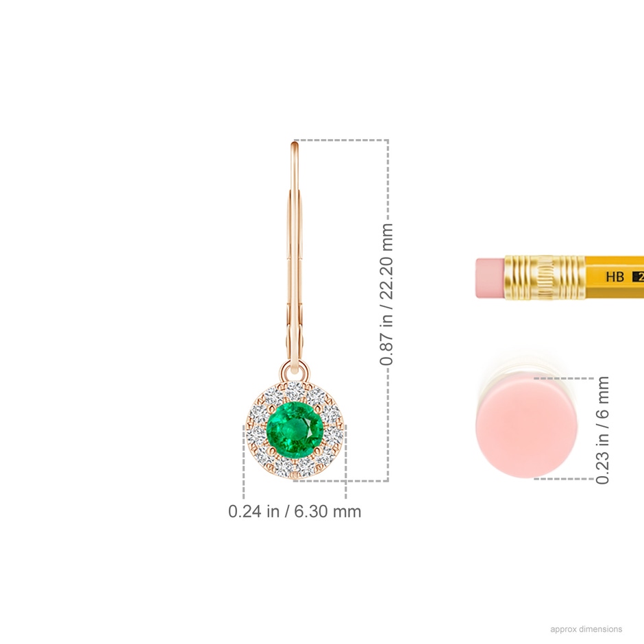 3.5mm AAA Round Emerald Leverback Halo Dangle Earrings in Rose Gold ruler