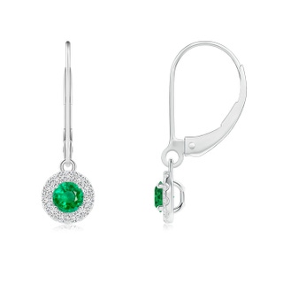 3.5mm AAA Round Emerald Leverback Halo Dangle Earrings in White Gold