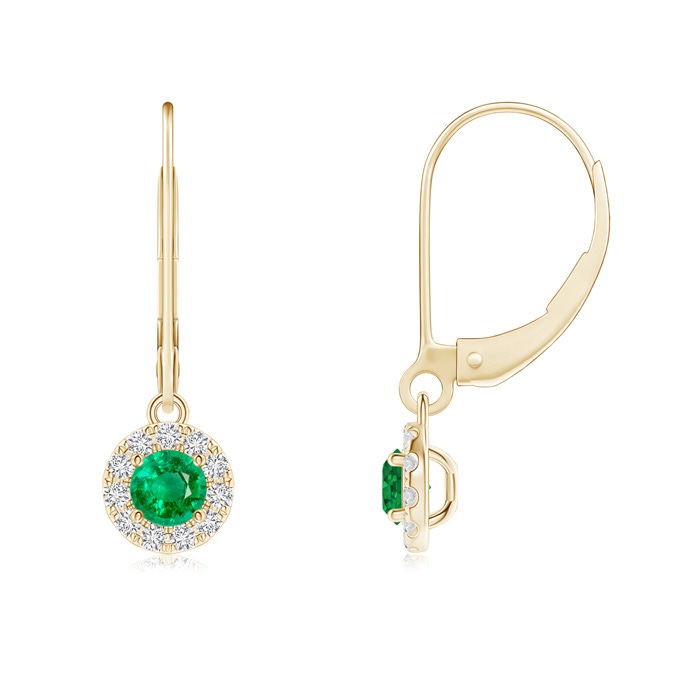 3.5mm AAA Round Emerald Leverback Halo Dangle Earrings in Yellow Gold 