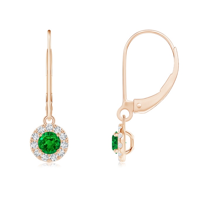3.5mm AAAA Round Emerald Leverback Halo Dangle Earrings in Rose Gold