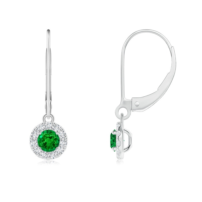 3.5mm AAAA Round Emerald Leverback Halo Dangle Earrings in White Gold 