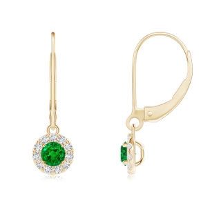 3.5mm AAAA Round Emerald Leverback Halo Dangle Earrings in Yellow Gold