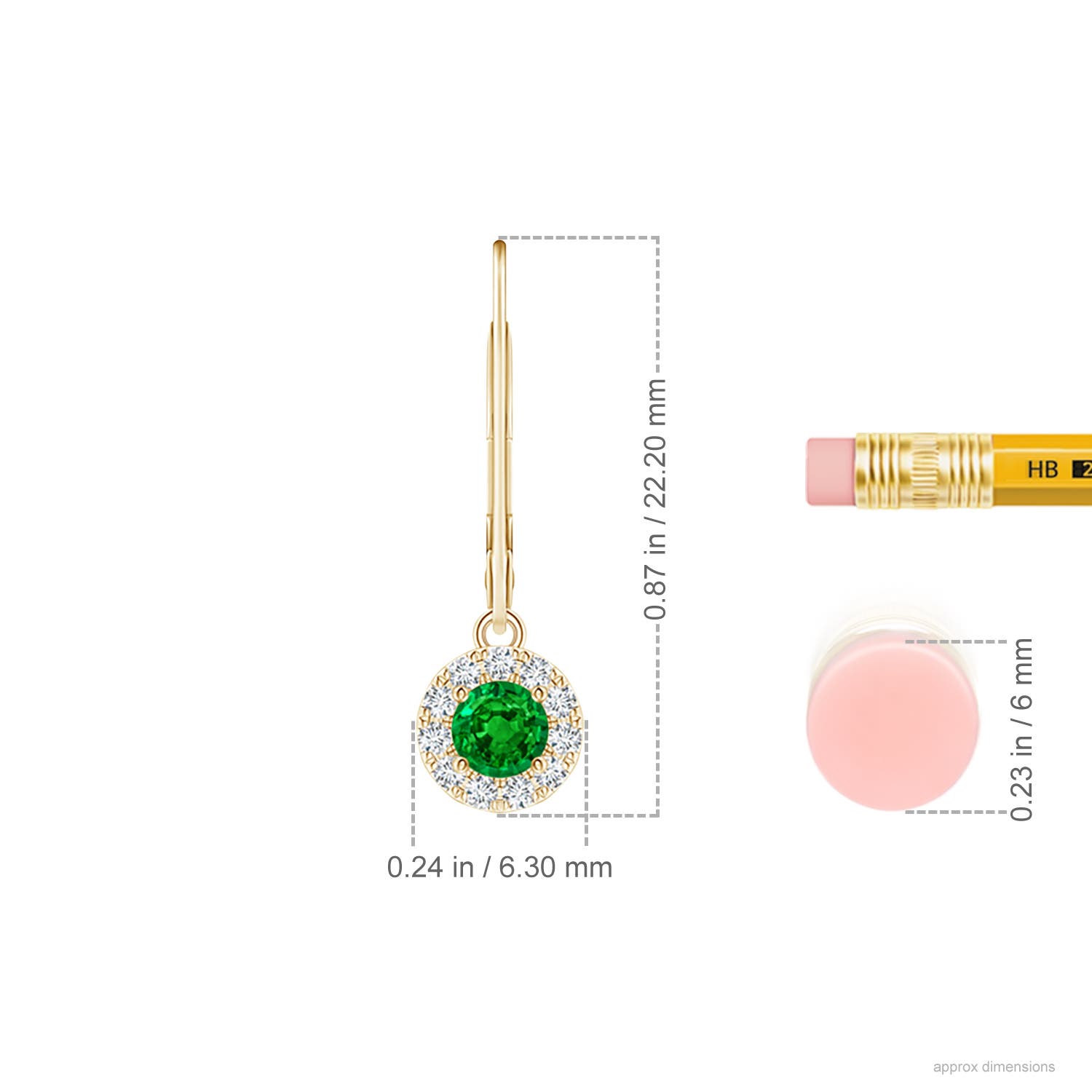 3.5mm AAAA Round Emerald Leverback Halo Dangle Earrings in Yellow Gold - ruler