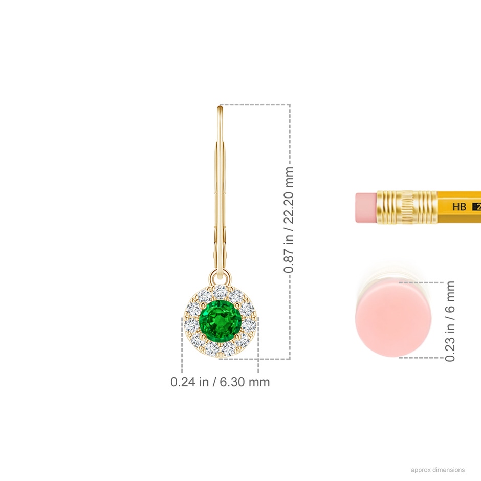 3.5mm AAAA Round Emerald Leverback Halo Dangle Earrings in Yellow Gold ruler