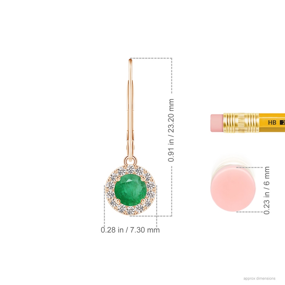4.5mm A Round Emerald Leverback Halo Dangle Earrings in Rose Gold ruler