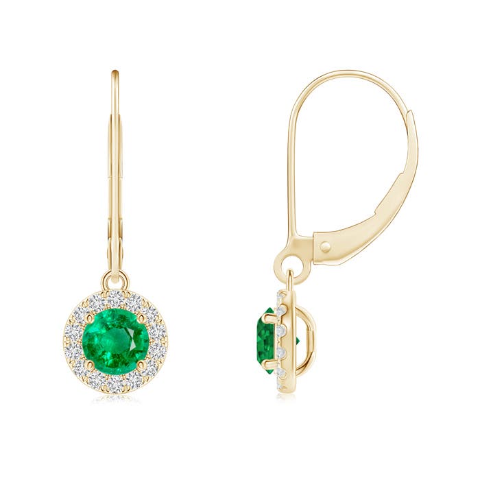 4.5mm AAA Round Emerald Leverback Halo Dangle Earrings in 18K Yellow Gold