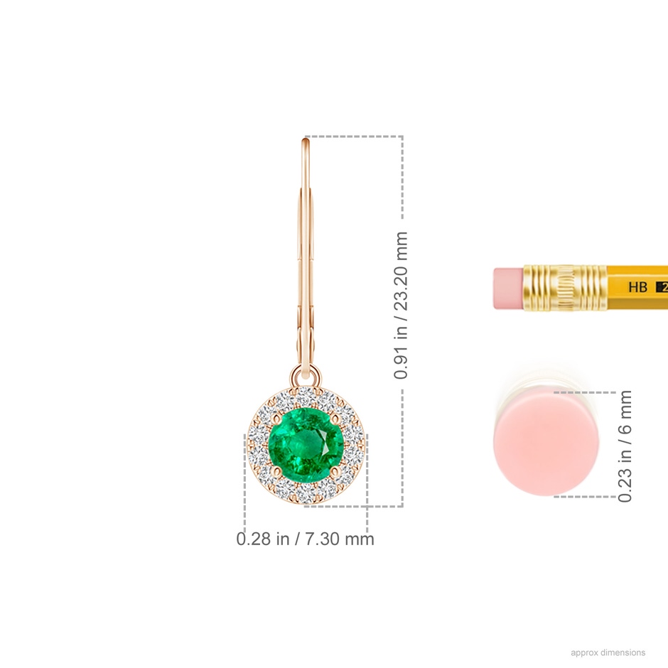 4.5mm AAA Round Emerald Leverback Halo Dangle Earrings in Rose Gold ruler