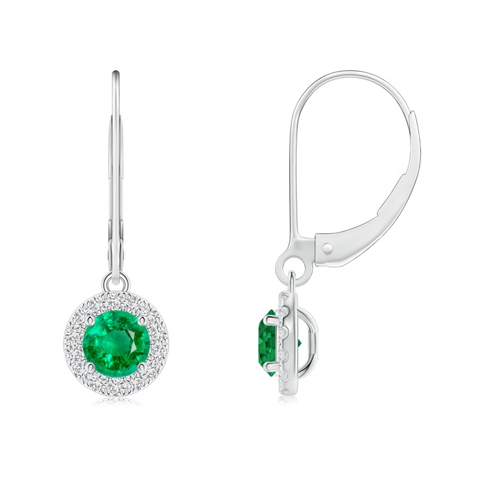 4.5mm AAA Round Emerald Leverback Halo Dangle Earrings in White Gold 