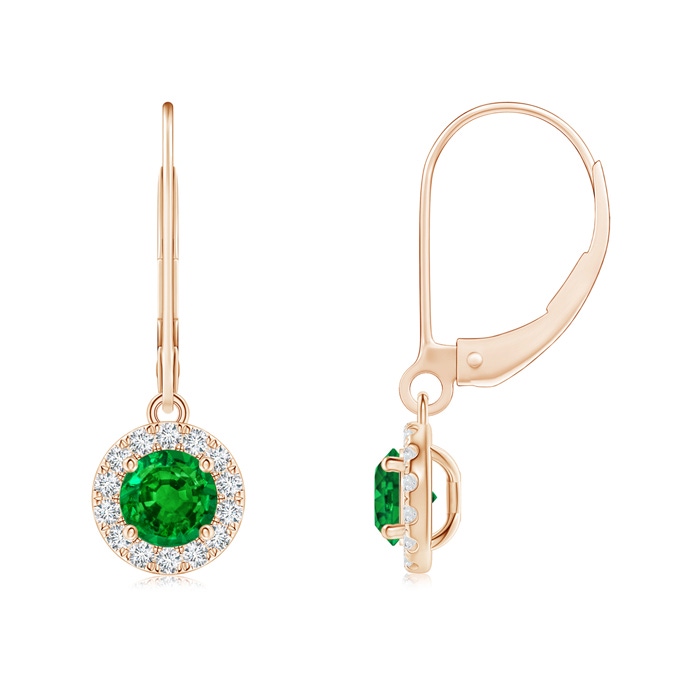 4.5mm AAAA Round Emerald Leverback Halo Dangle Earrings in Rose Gold 
