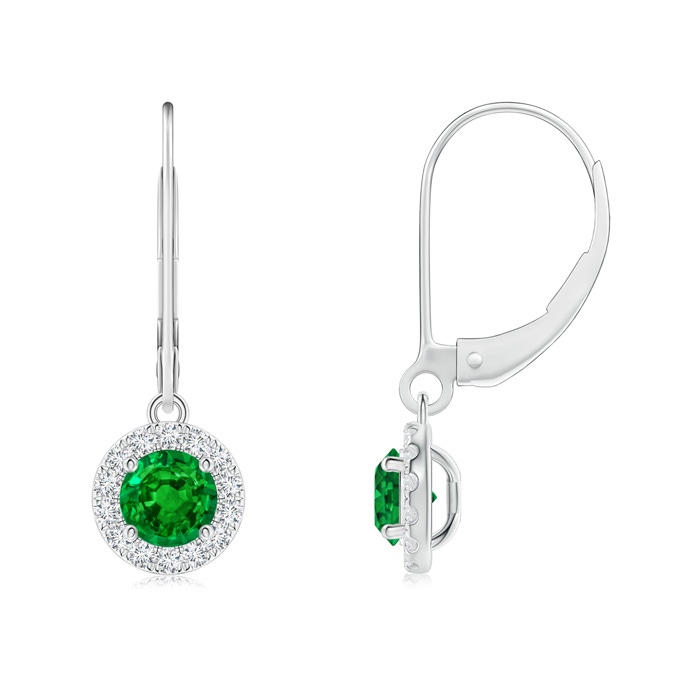 4.5mm AAAA Round Emerald Leverback Halo Dangle Earrings in White Gold 