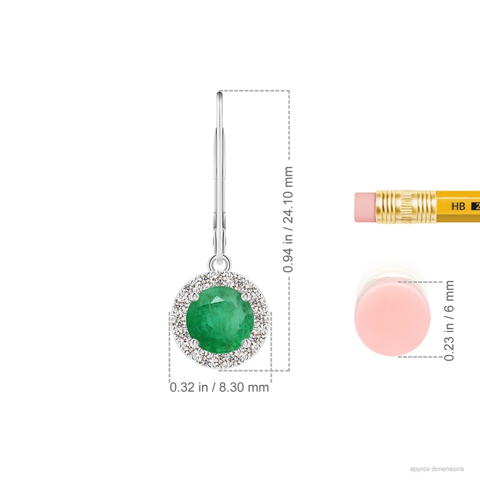 5.5mm A Round Emerald Leverback Halo Dangle Earrings in White Gold ruler