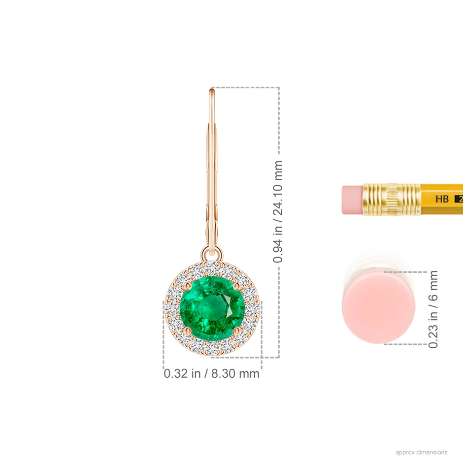 5.5mm AAA Round Emerald Leverback Halo Dangle Earrings in 18K Rose Gold ruler