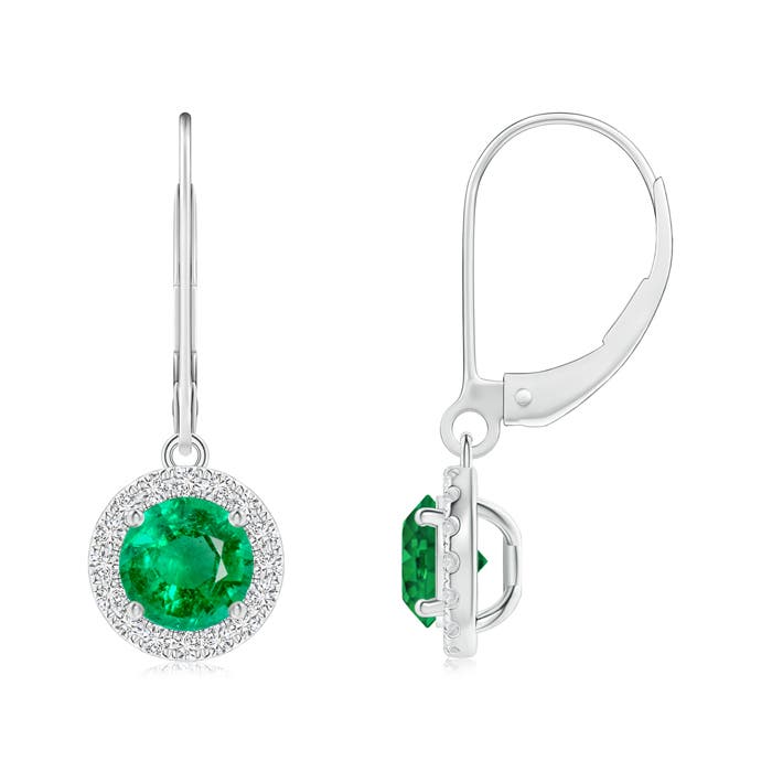 5.5mm AAA Round Emerald Leverback Halo Dangle Earrings in 18K White Gold