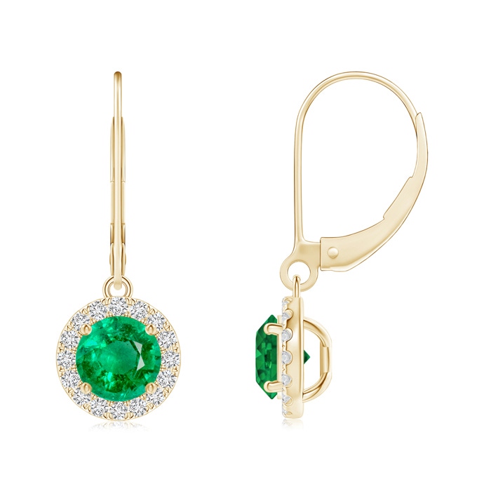 5.5mm AAA Round Emerald Leverback Halo Dangle Earrings in Yellow Gold