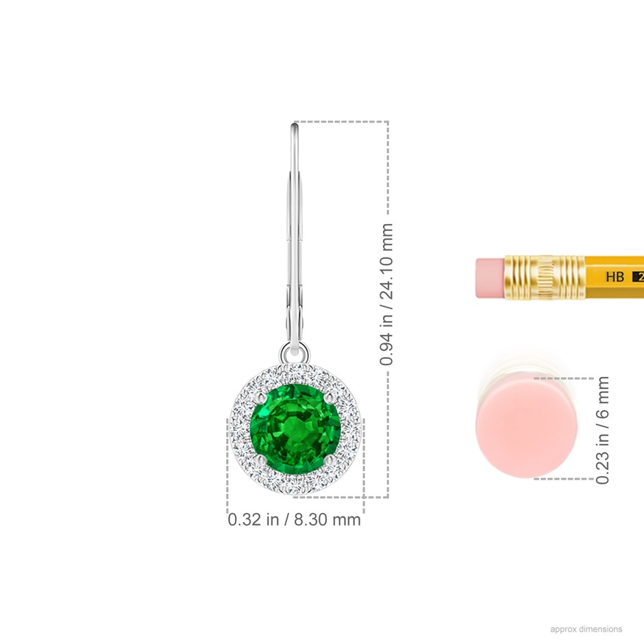 5.5mm AAAA Round Emerald Leverback Halo Dangle Earrings in P950 Platinum ruler