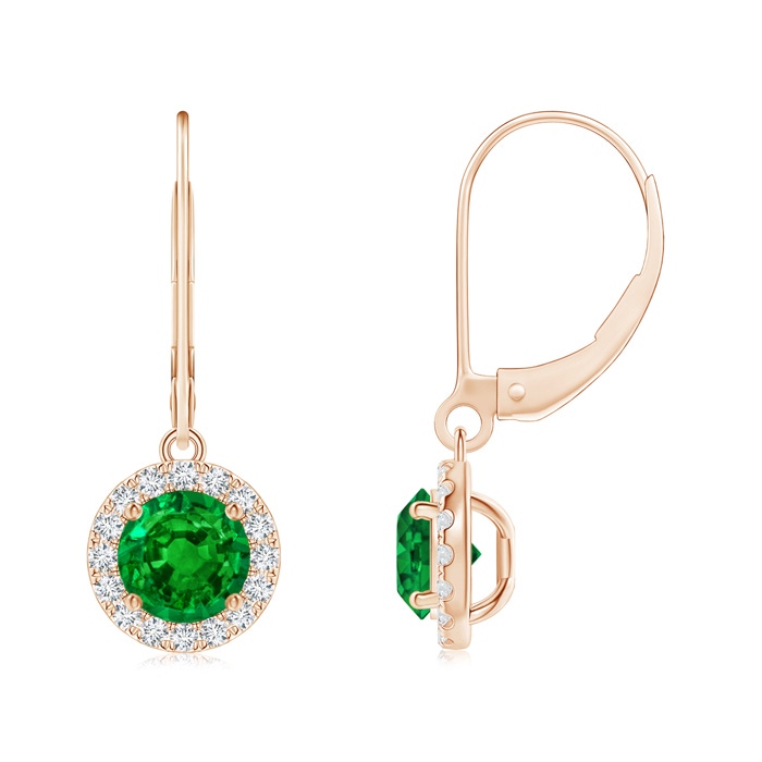 5.5mm AAAA Round Emerald Leverback Halo Dangle Earrings in Rose Gold 