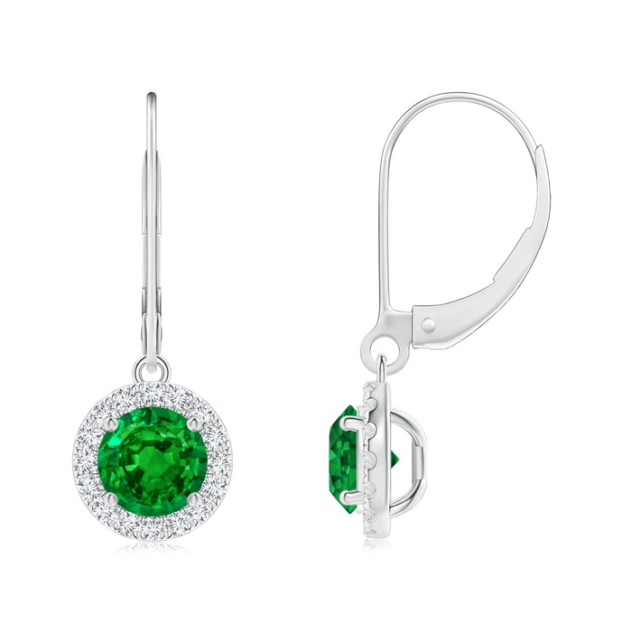 5.5mm AAAA Round Emerald Leverback Halo Dangle Earrings in White Gold 