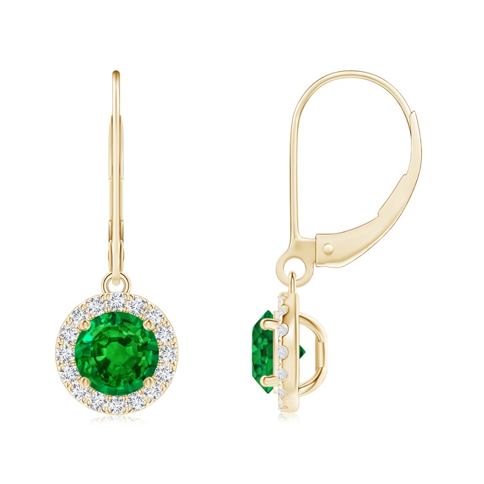 5.5mm AAAA Round Emerald Leverback Halo Dangle Earrings in Yellow Gold 