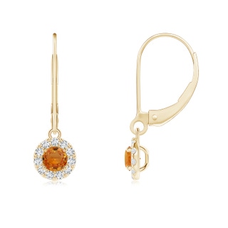 3.5mm AAA Round Orange Sapphire Leverback Halo Dangle Earrings in Yellow Gold