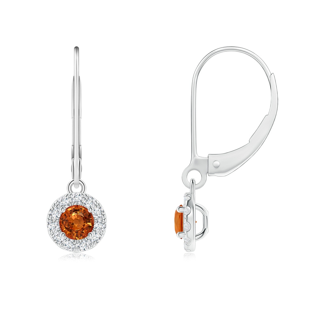 3.5mm AAAA Round Orange Sapphire Leverback Halo Dangle Earrings in P950 Platinum