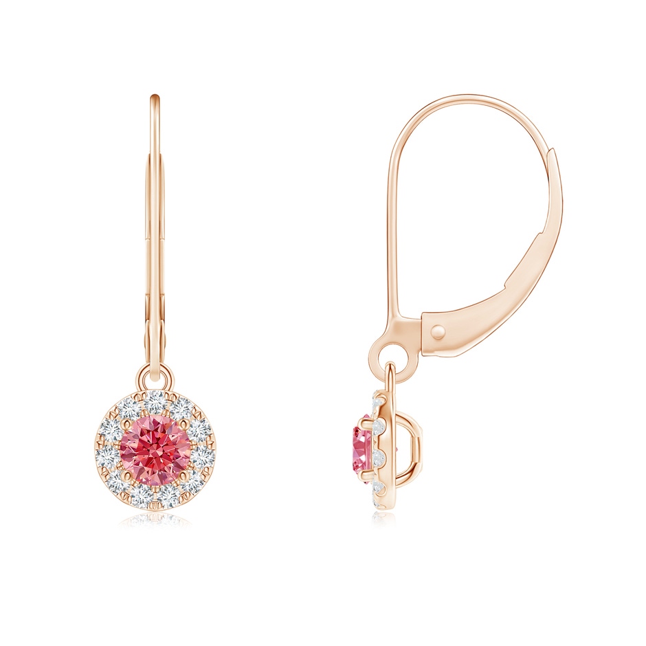 3.5mm AAAA Round Fancy Intense Pink Diamond Leverback Halo Dangle Earrings in Rose Gold 
