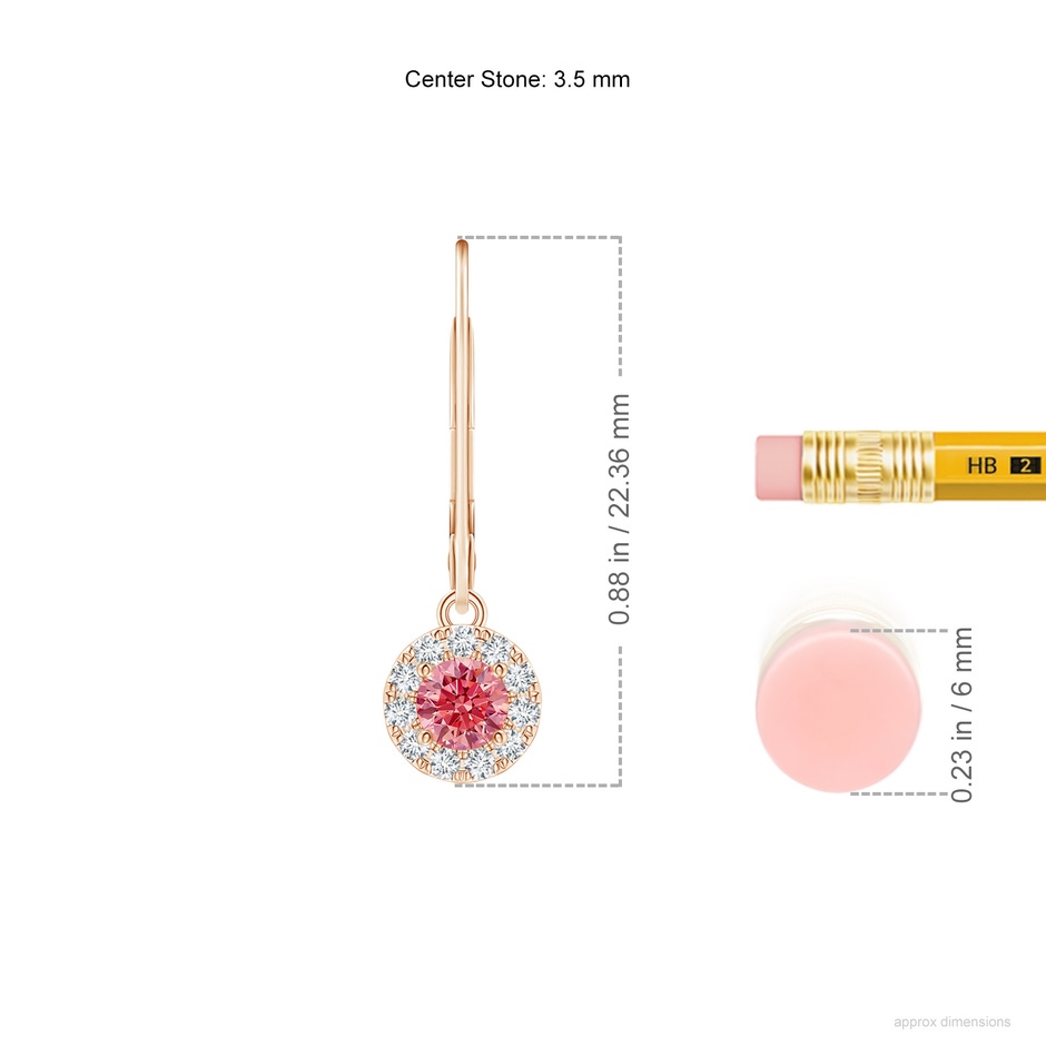 3.5mm AAAA Round Fancy Intense Pink Diamond Leverback Halo Dangle Earrings in Rose Gold ruler