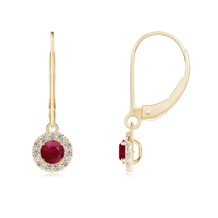 3.5mm A Round Ruby Leverback Halo Dangle Earrings in Yellow Gold 