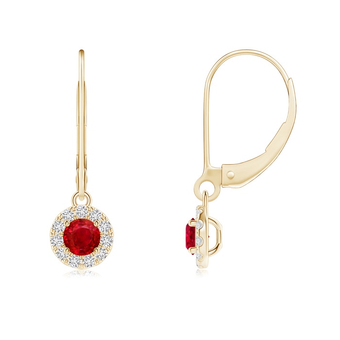 3.5mm AAA Round Ruby Leverback Halo Dangle Earrings in Yellow Gold