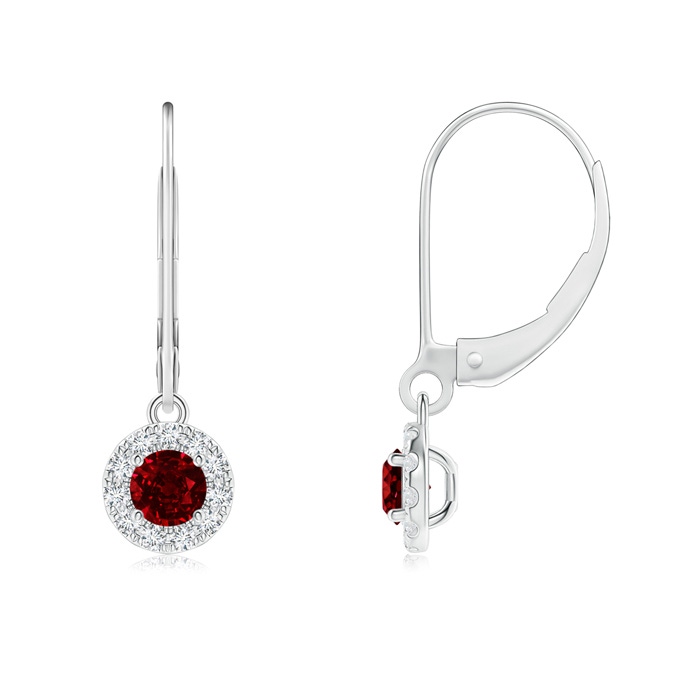 3.5mm AAAA Round Ruby Leverback Halo Dangle Earrings in White Gold