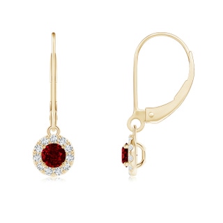 3.5mm AAAA Round Ruby Leverback Halo Dangle Earrings in Yellow Gold