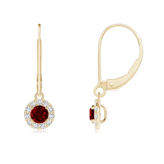 3.5mm AAAA Round Ruby Leverback Halo Dangle Earrings in Yellow Gold 