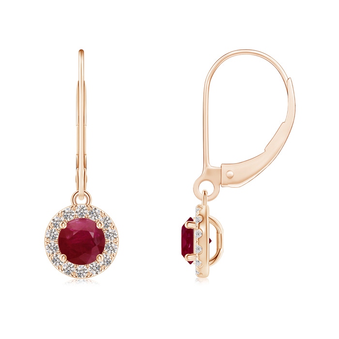 4.5mm A Round Ruby Leverback Halo Dangle Earrings in Rose Gold 