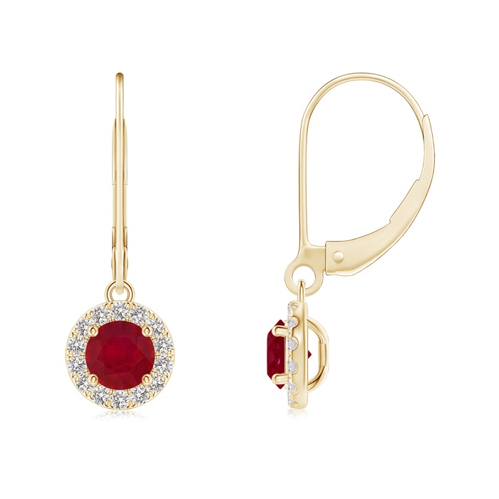 4.5mm AA Round Ruby Leverback Halo Dangle Earrings in Yellow Gold 
