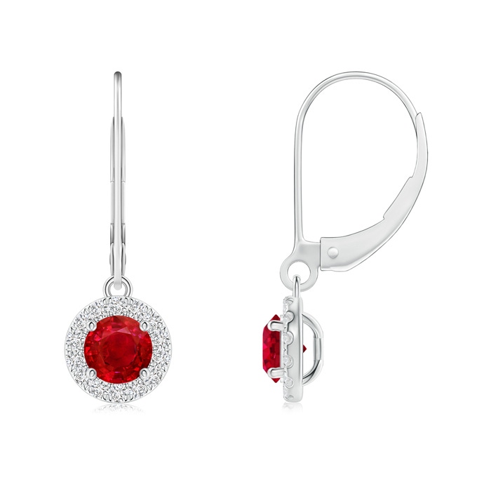 4.5mm AAA Round Ruby Leverback Halo Dangle Earrings in P950 Platinum 