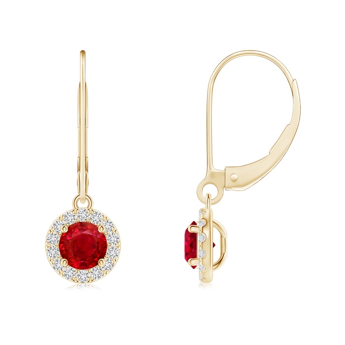 4.5mm AAA Round Ruby Leverback Halo Dangle Earrings in Yellow Gold