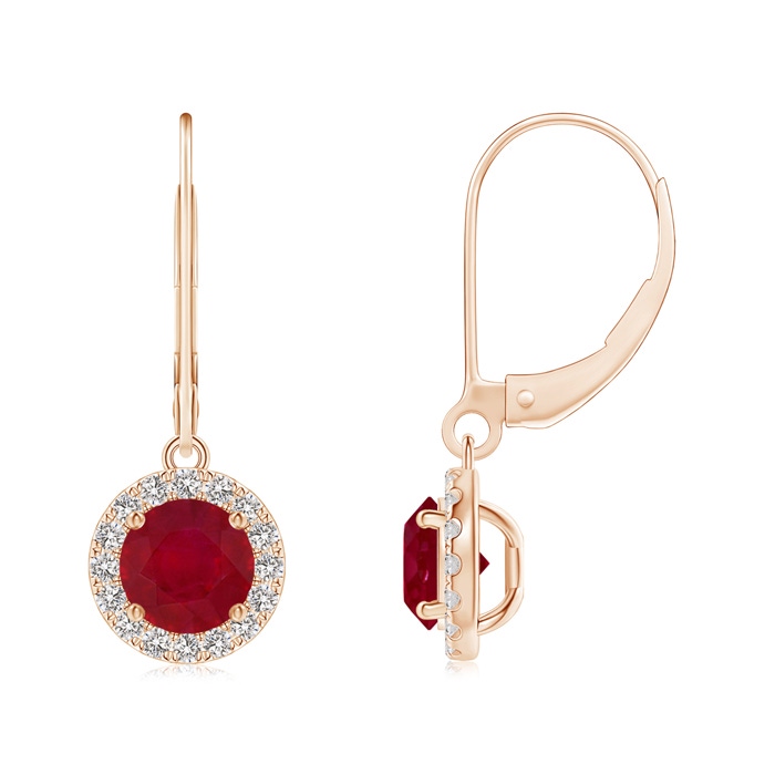 5.5mm AA Round Ruby Leverback Halo Dangle Earrings in Rose Gold 