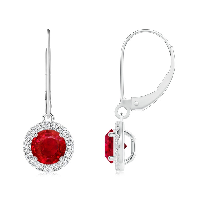 5.5mm AAA Round Ruby Leverback Halo Dangle Earrings in P950 Platinum 
