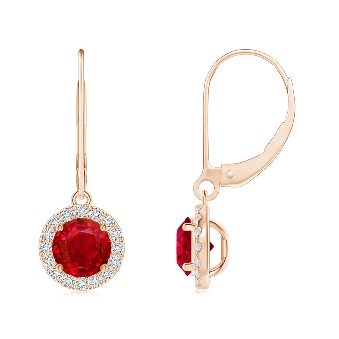 5.5mm AAA Round Ruby Leverback Halo Dangle Earrings in Rose Gold 