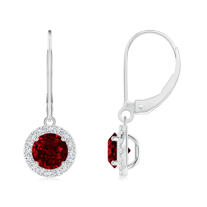 5.5mm AAAA Round Ruby Leverback Halo Dangle Earrings in P950 Platinum 