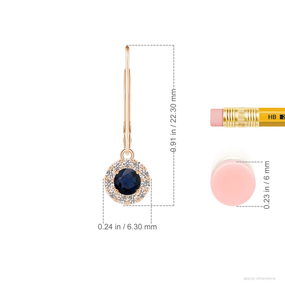 3.5mm A Round Blue Sapphire Leverback Halo Dangle Earrings in Rose Gold ruler