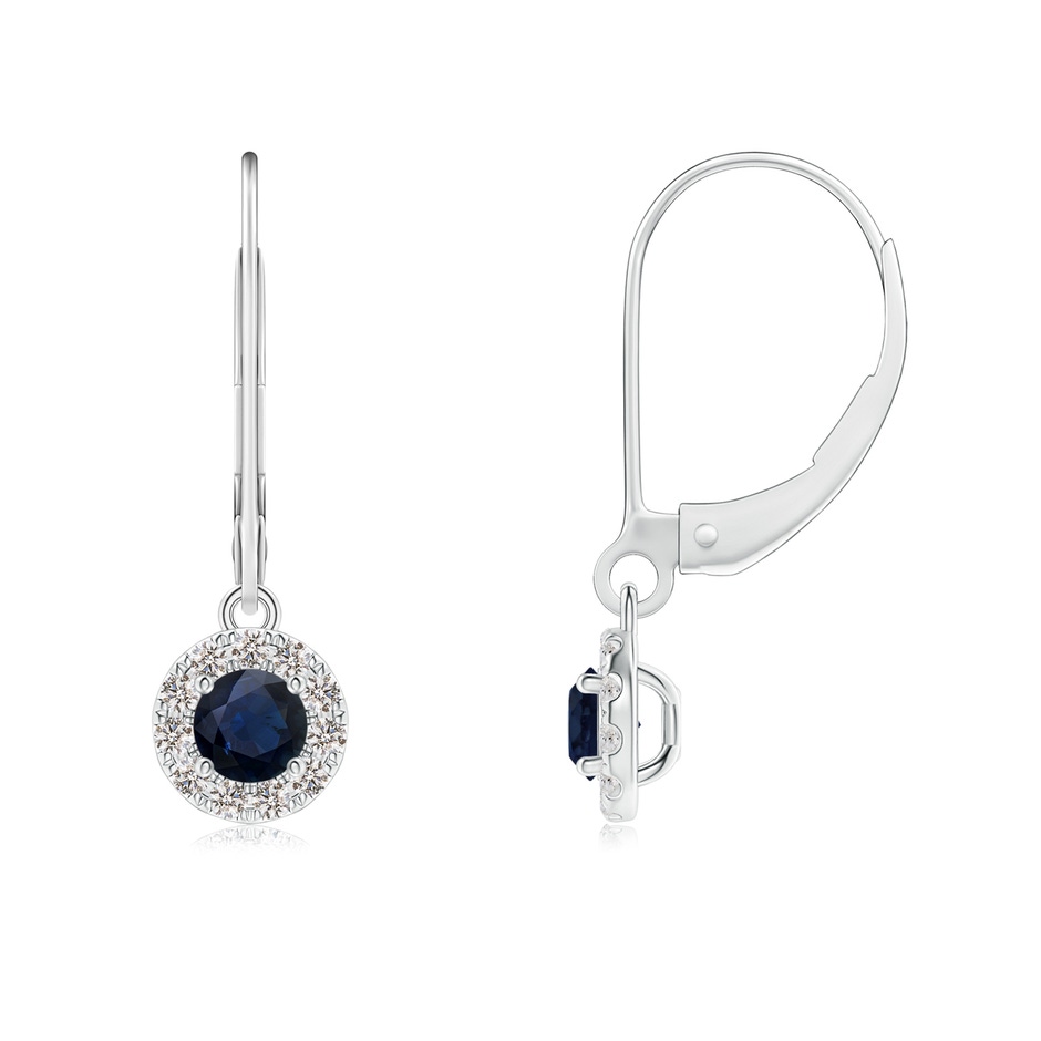 3.5mm A Round Blue Sapphire Leverback Halo Dangle Earrings in White Gold 