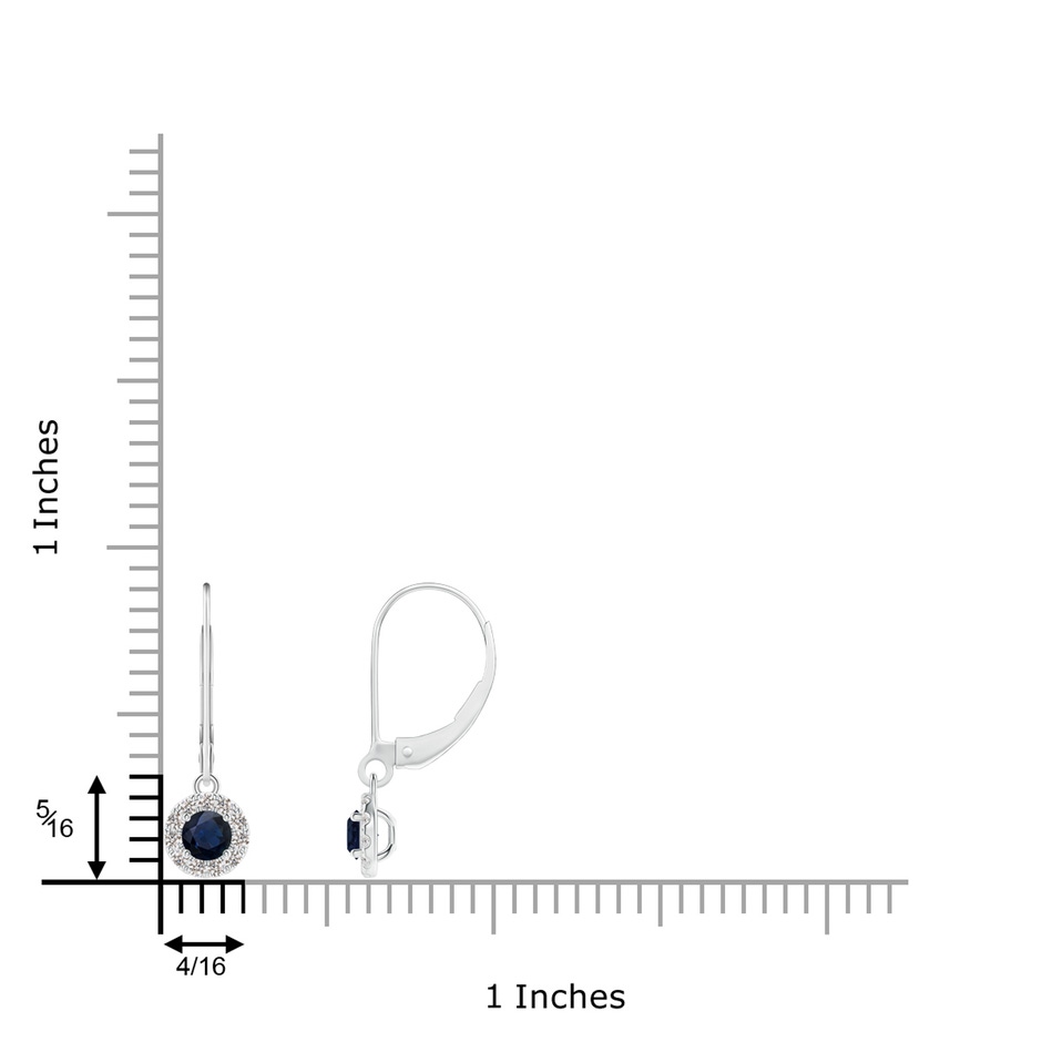3.5mm A Round Blue Sapphire Leverback Halo Dangle Earrings in White Gold ruler