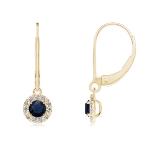 3.5mm A Round Blue Sapphire Leverback Halo Dangle Earrings in Yellow Gold