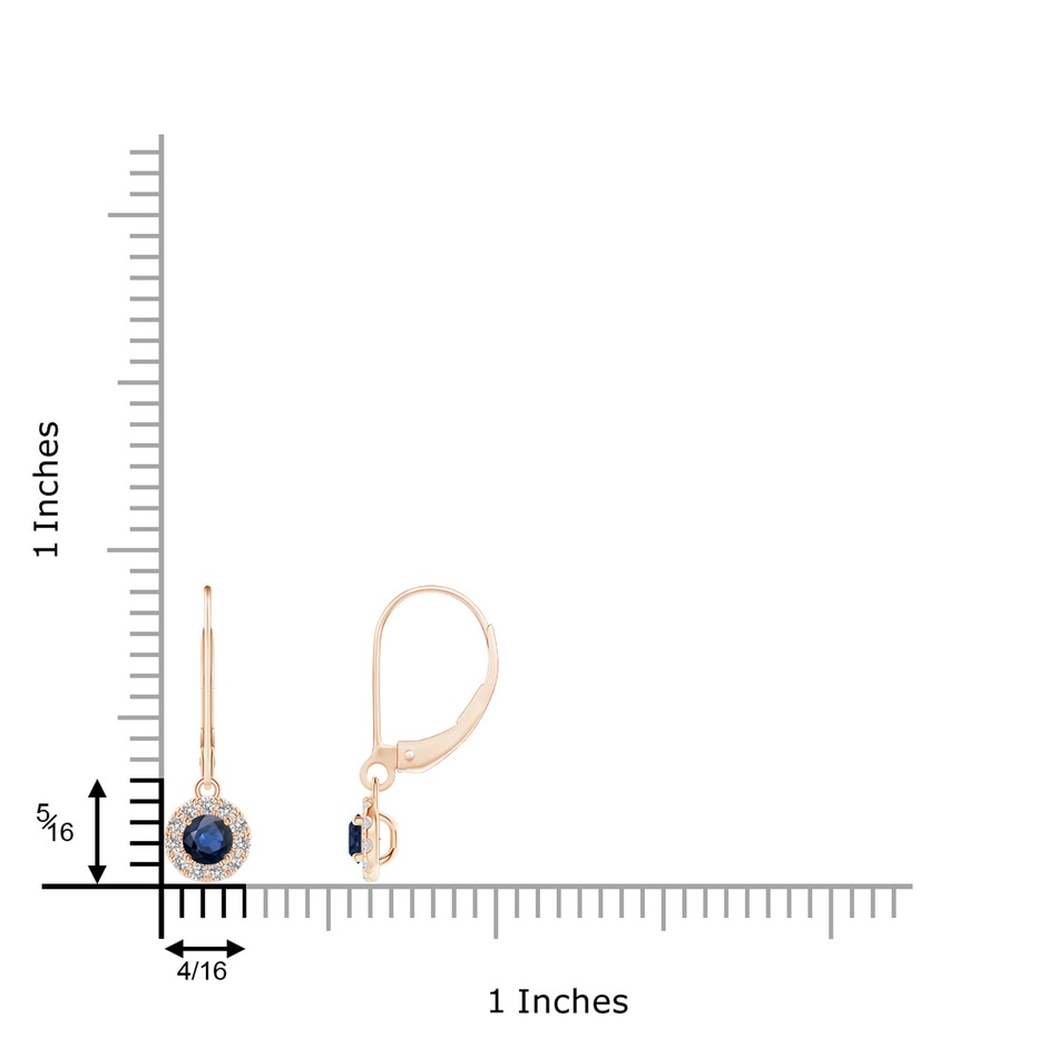 3.5mm AA Round Blue Sapphire Leverback Halo Dangle Earrings in Rose Gold ruler