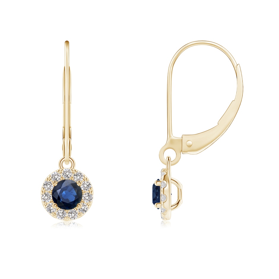 3.5mm AA Round Blue Sapphire Leverback Halo Dangle Earrings in Yellow Gold 