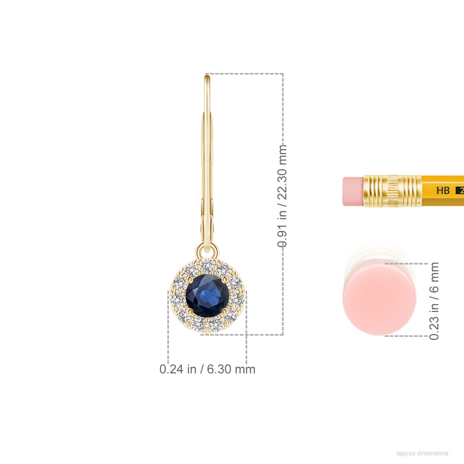 3.5mm AA Round Blue Sapphire Leverback Halo Dangle Earrings in Yellow Gold ruler