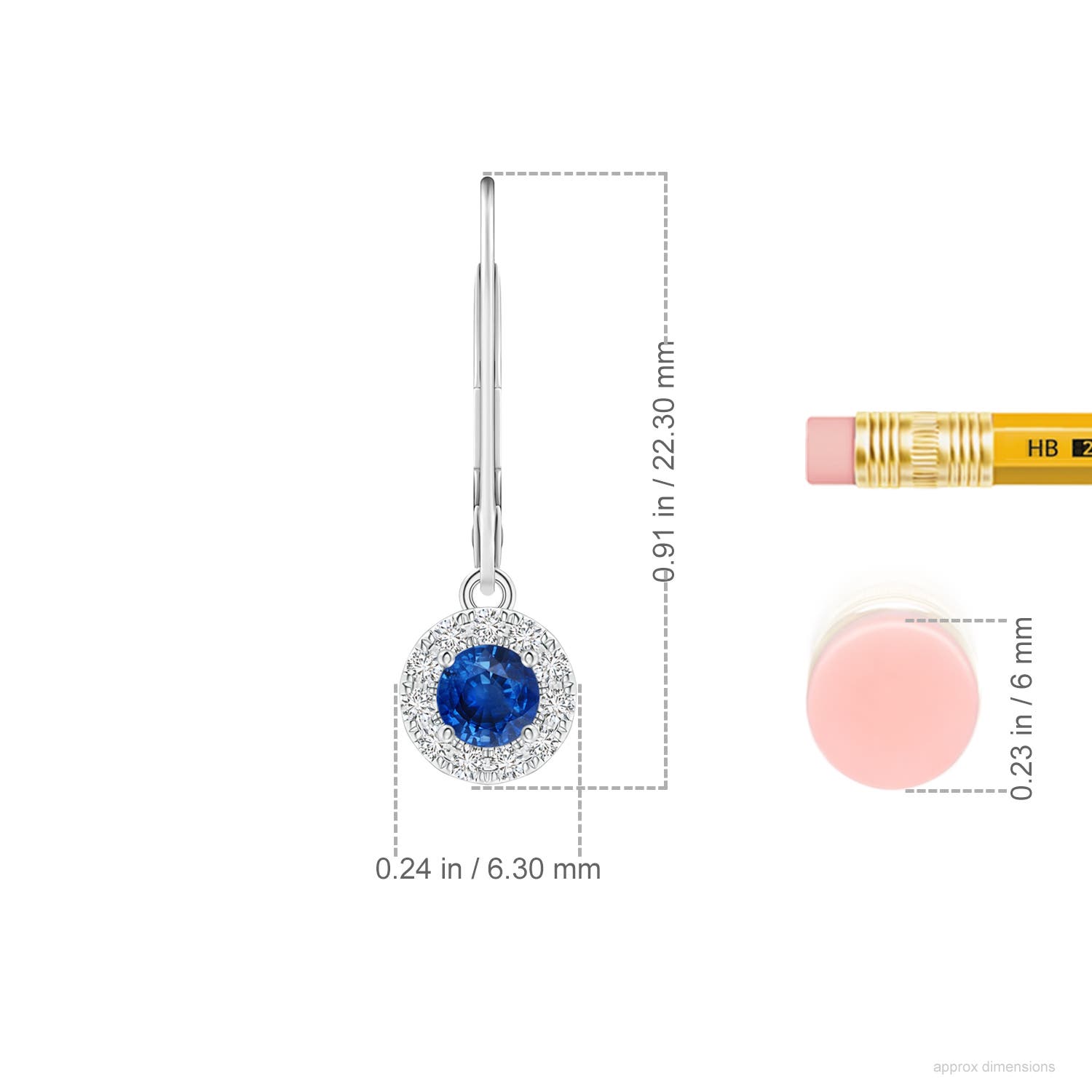 3.5mm AAA Round Blue Sapphire Leverback Halo Dangle Earrings in 18CT White Gold - ruler